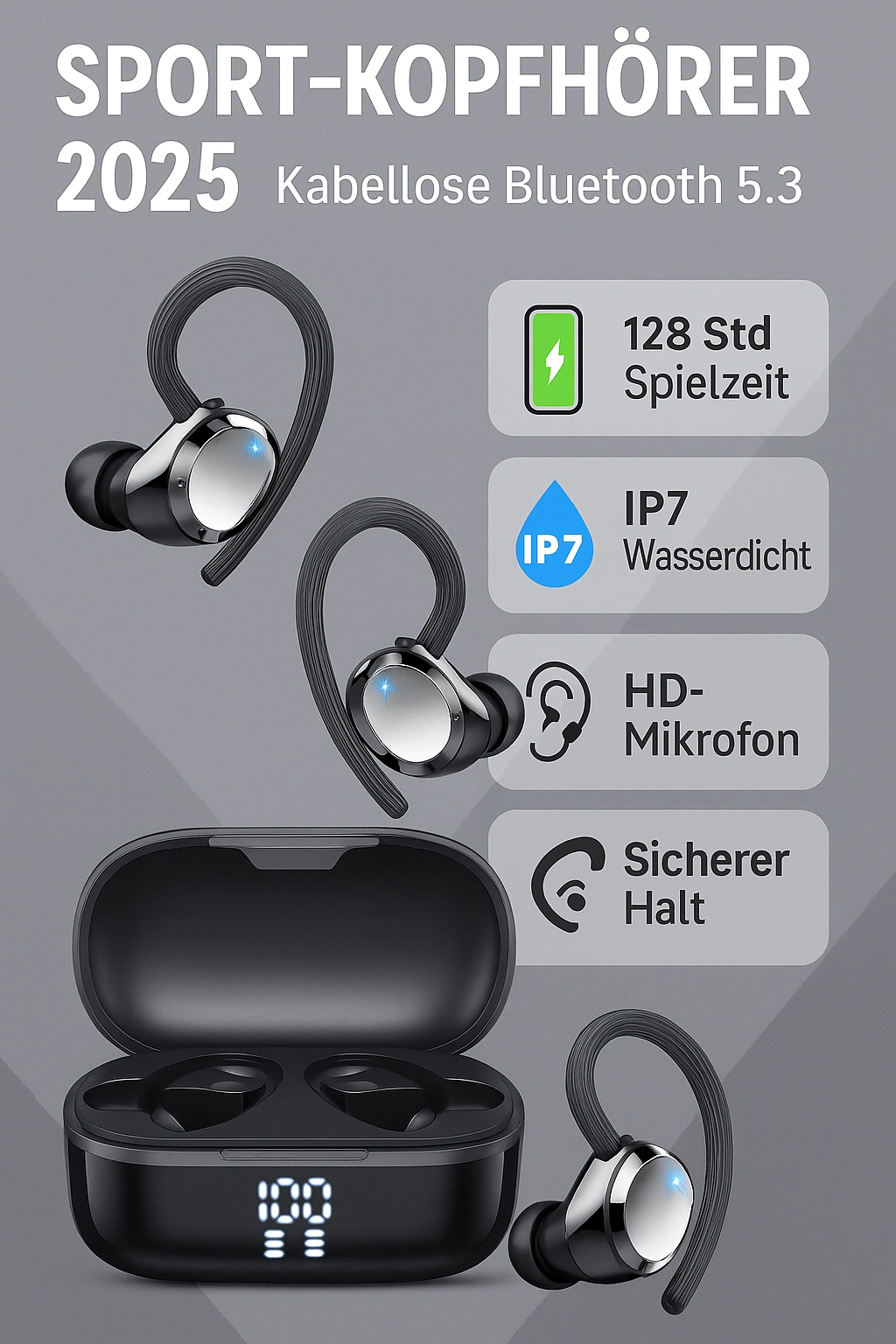 Bluetooth Sport-Kopfhörer mit Ohrbügeln – IPX7 & lange Laufzeit