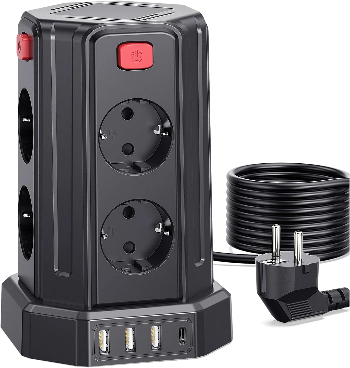 Sameriver 12-in-1 Steckdosenturm – Schwarz mit USB & USB-C