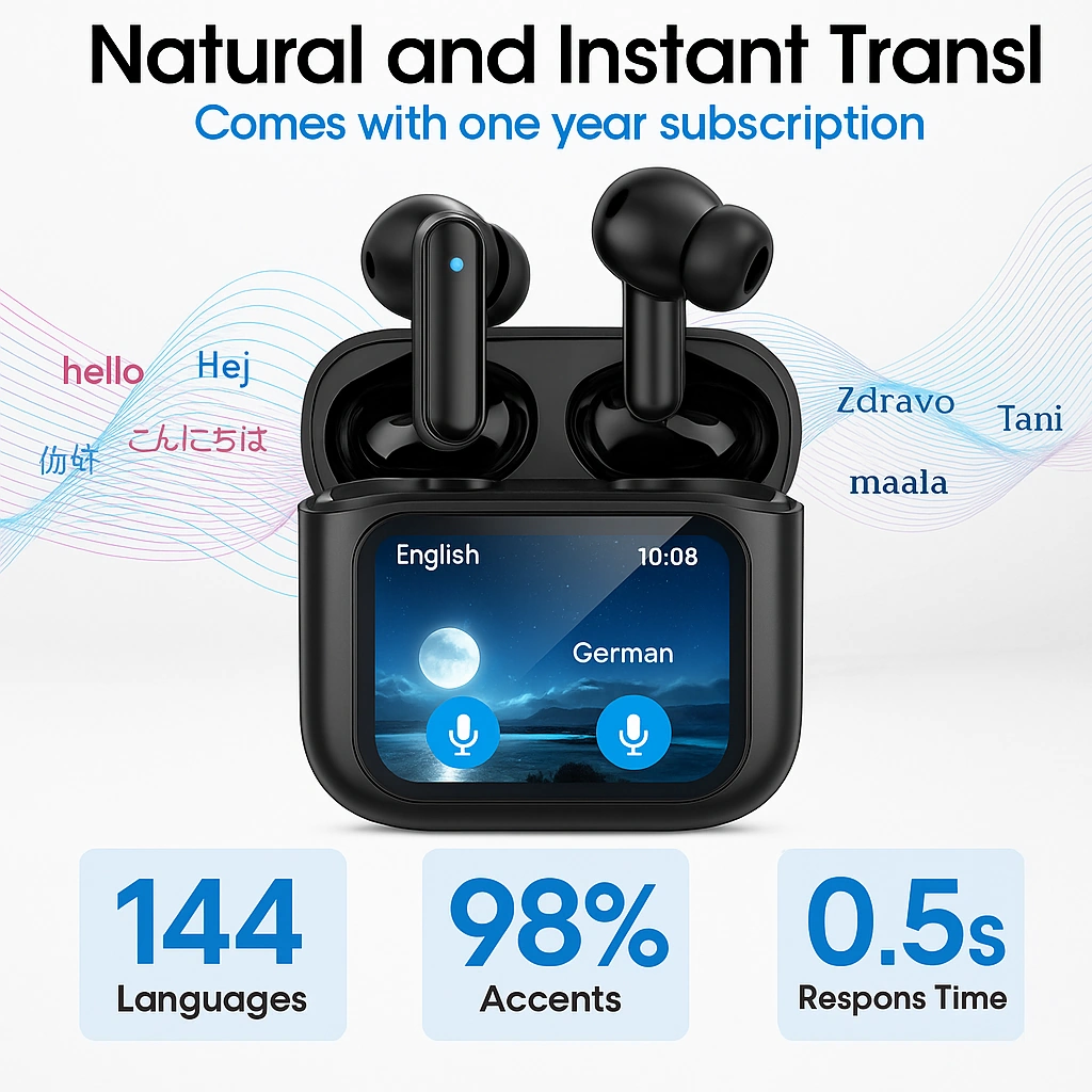 Übersetzer-Ohrhörer mit LCD – Echtzeit-Sprachübersetzung per App